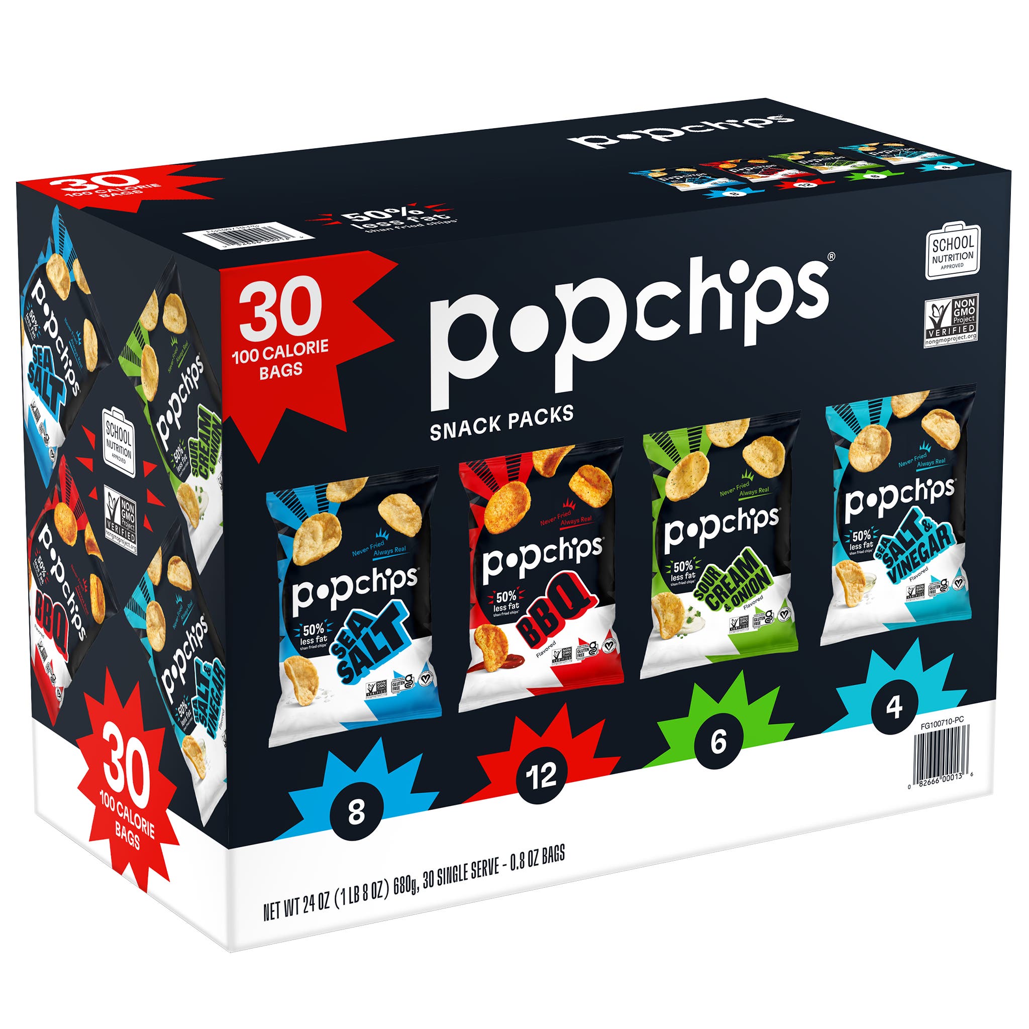 Popchips Potato Chips Snack Packs, Variety Pack, 0.8 oz, 30-count