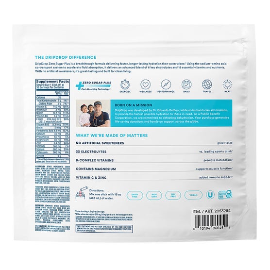 DripDrop Hydration Zero Sugar Plus, 33 Stick Packs in Resealable Pouch ...