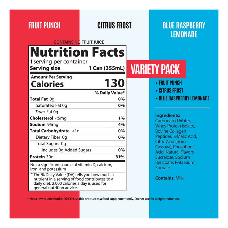 Genius Gourmet Sparkling Clear 30g Protein Variety Pack, 12 fl oz, 15 ...