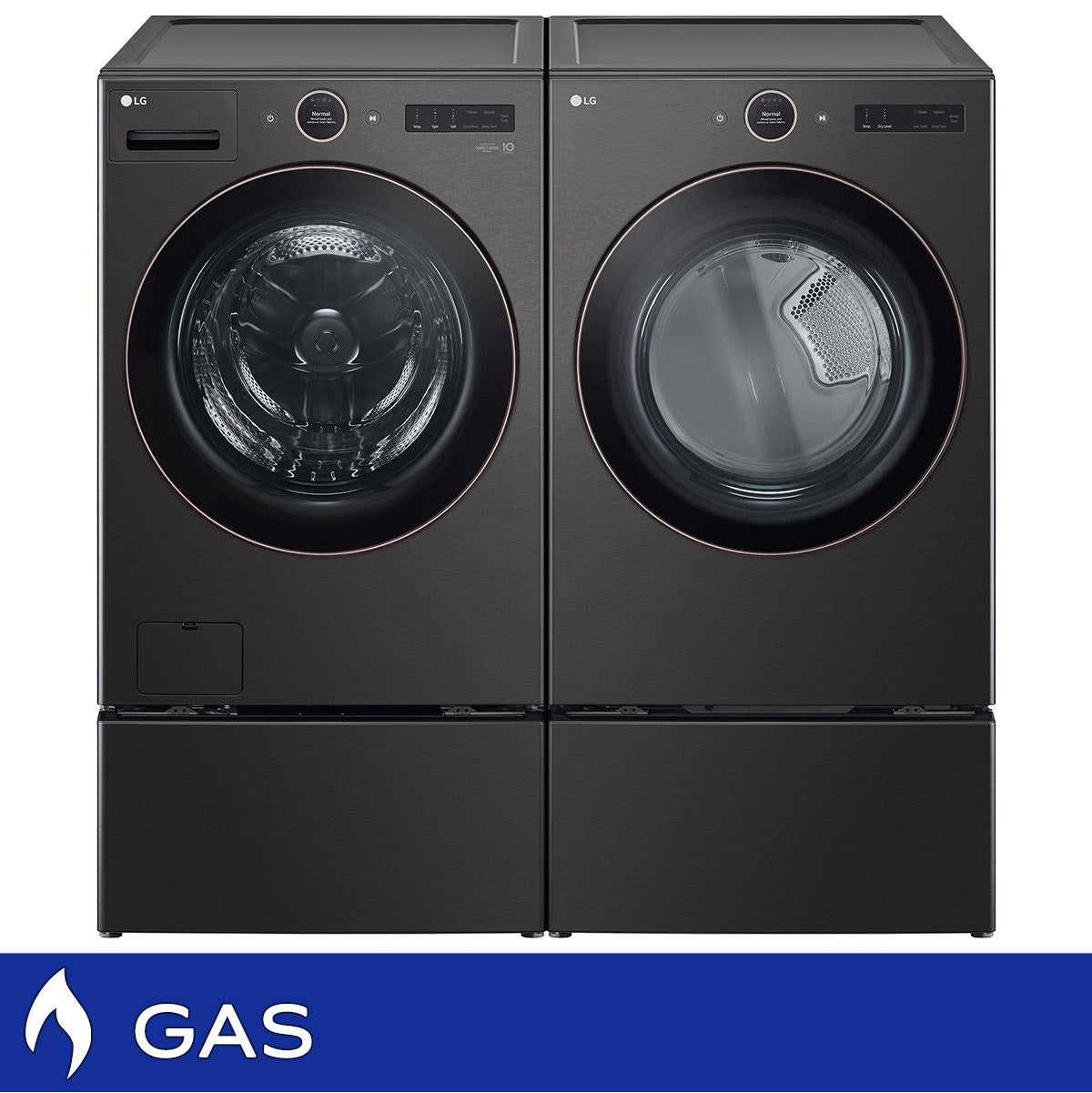 LG 5.0 cu. ft. Mega Capacity Smart Front Load Washer with TurboWash 360 and 7.4 cu. ft. GAS Dryer with AI Sensor Dry and TurboSteam with Washer and Storage Pedestal
