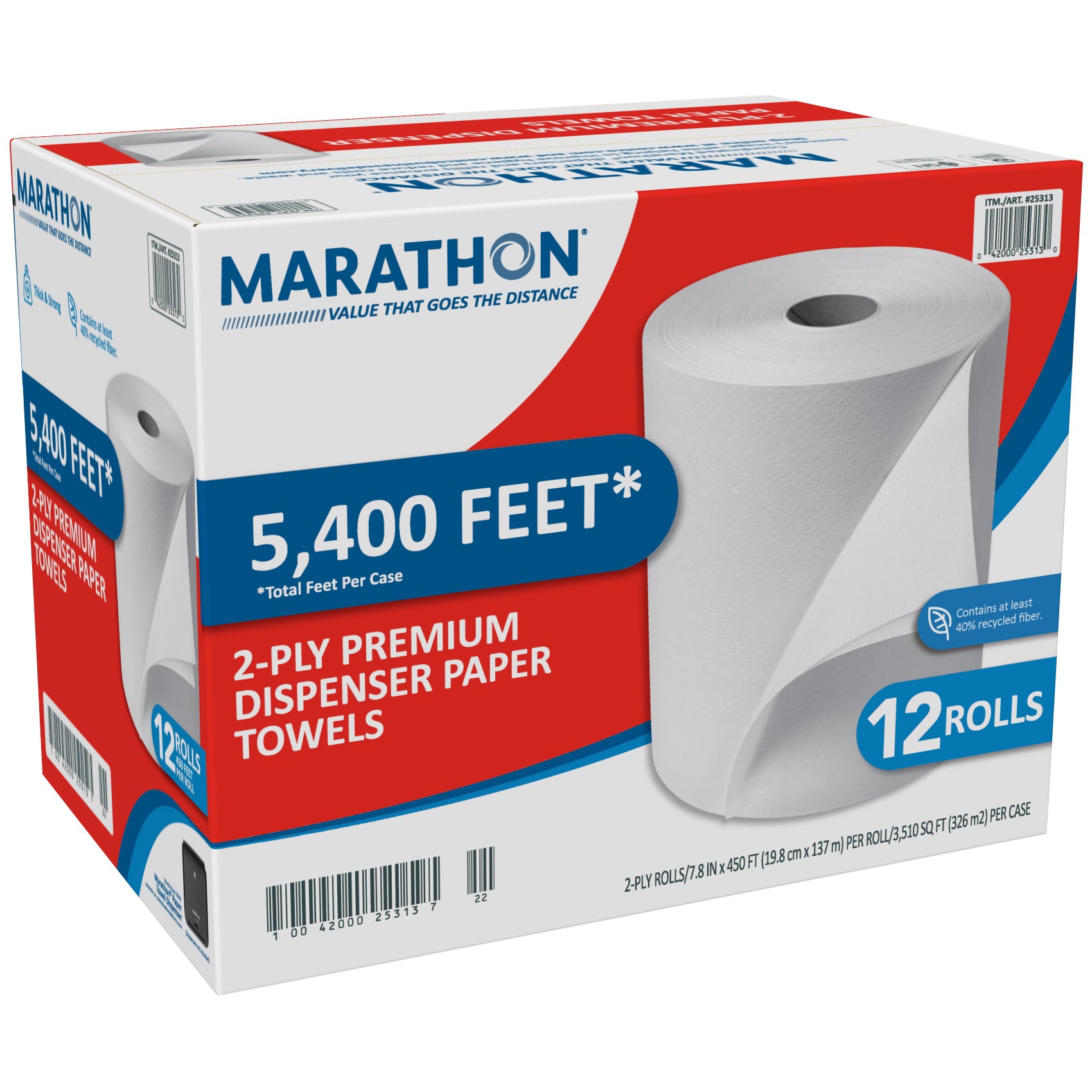 Marathon Dispenser Roll Towels, 2-Ply, Non-perforated, White, 12