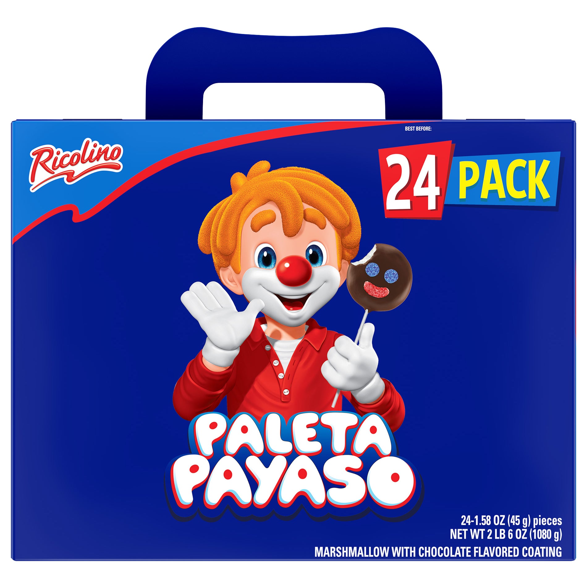 Ricolino Paleta Payaso Marshmallow with Chocolate Flavored Coating, 1.58 oz, 24-count