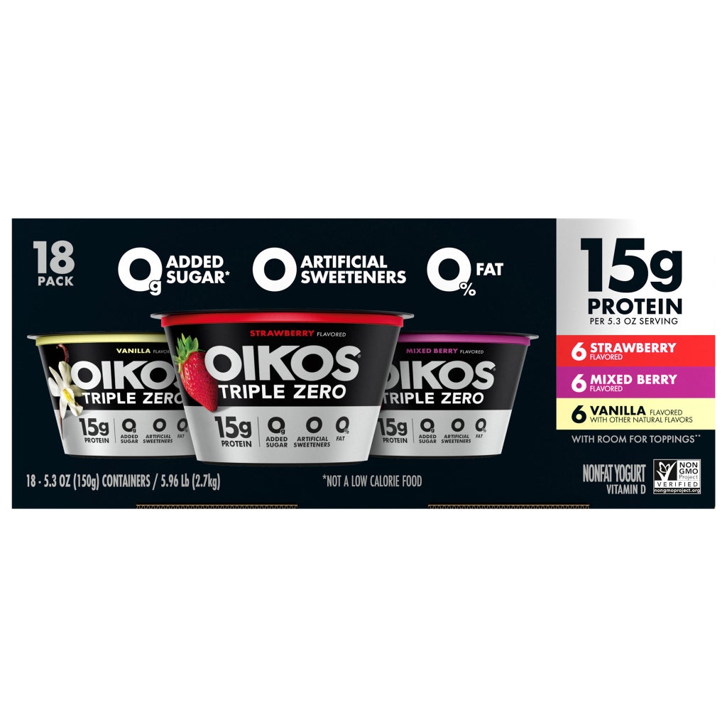 oriko Oikos Triple Zero Greek Nonfat Yogurt, Variety Pack, 5.3 oz, 18