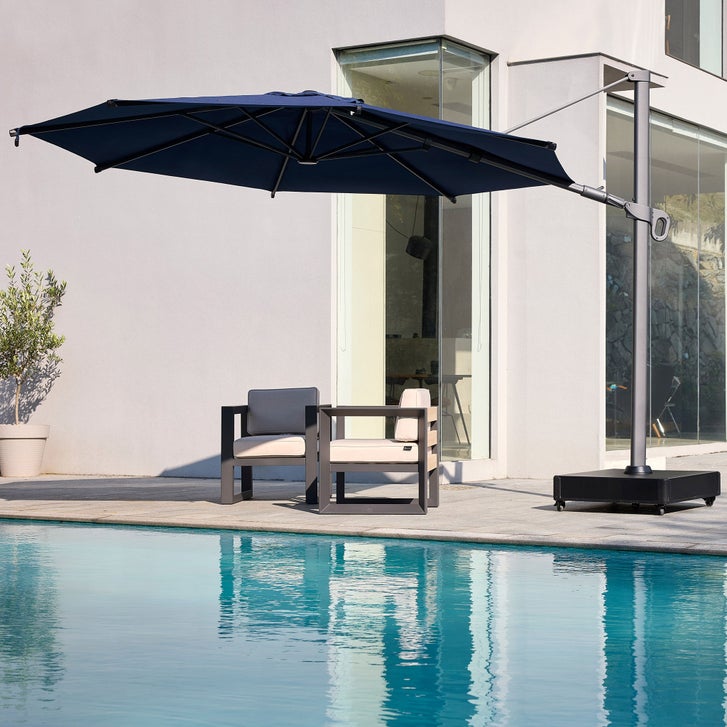 cantilever aluminum patio umbrellas LAUSAINT HOME 12FT Deluxe Umbrella Cantilever Umbrella with Base Included Heavy Duty Outdoor Garden, Backyard and intelligent lighting Bambrella Hurricane Side Wind Aluminum