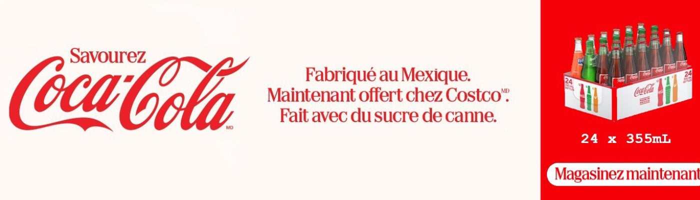 Savourez Coca-cola Fabrique au Mexique Maintenant offert chez Costco. Fait avec du sucre de canne.   24 x 355 mL Magasinez Maintenant