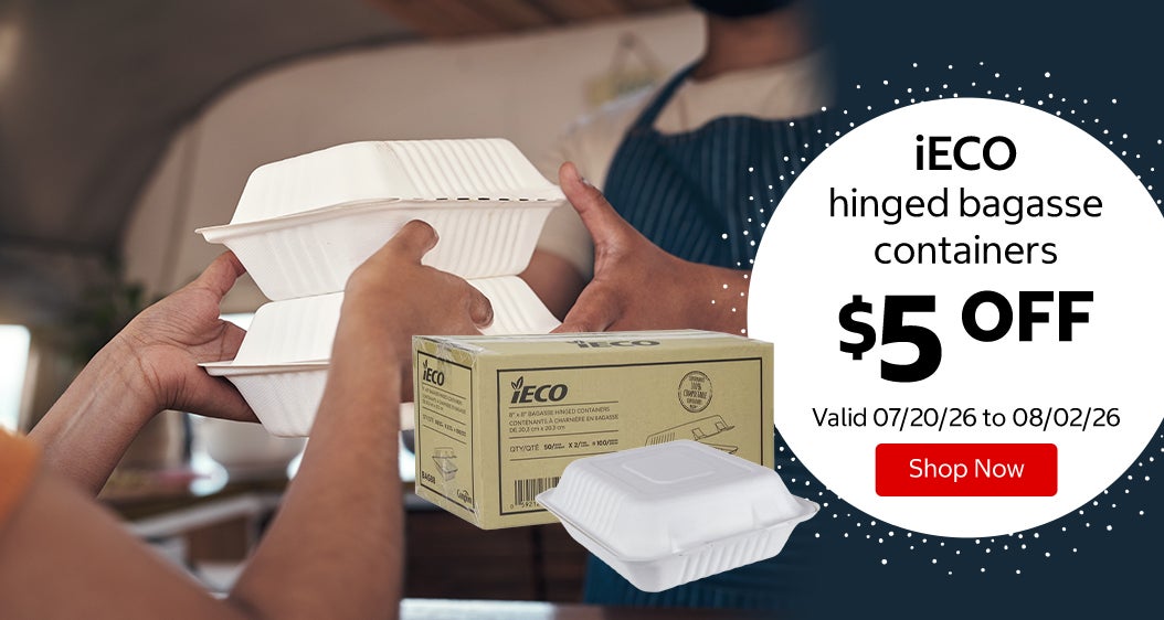 iECO hinged bagasse containers $5 OFF Valid 07/20/26 to 08/02/26 Shop Now 