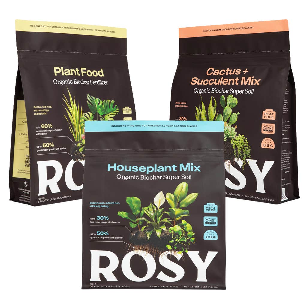 Rosy Soil Care Pack: House Plant Soil, Cactus Soil, and Plant Food. 4 qt.