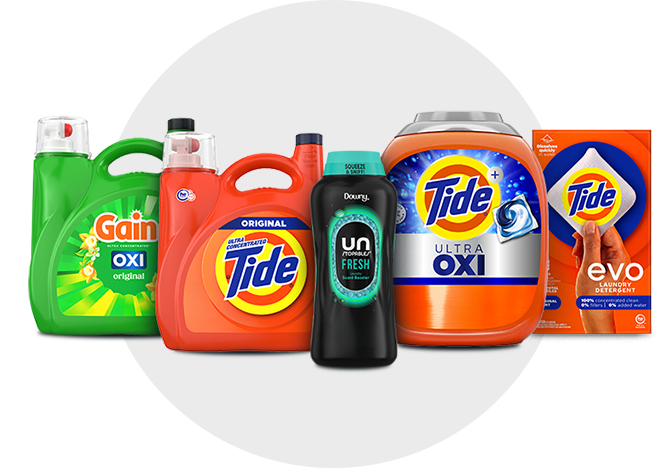P&G fabric care laundry products, featuring Gain, Tide liquid detergent, Tide Pods, and Downy beads