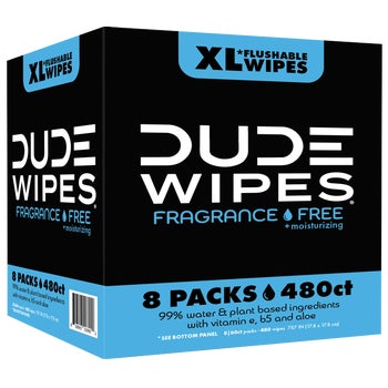 DUDE Wipes XL Flushable Wipes, Fragrance Free + Moisturizing, 480 ct