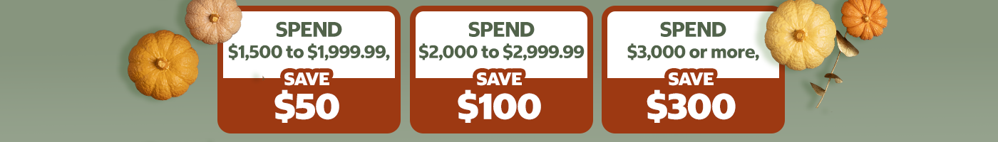 Spend $1,500 or more, save $50. Spend $2,000 or more, save $100. Spend $3,000 or more, save $300.