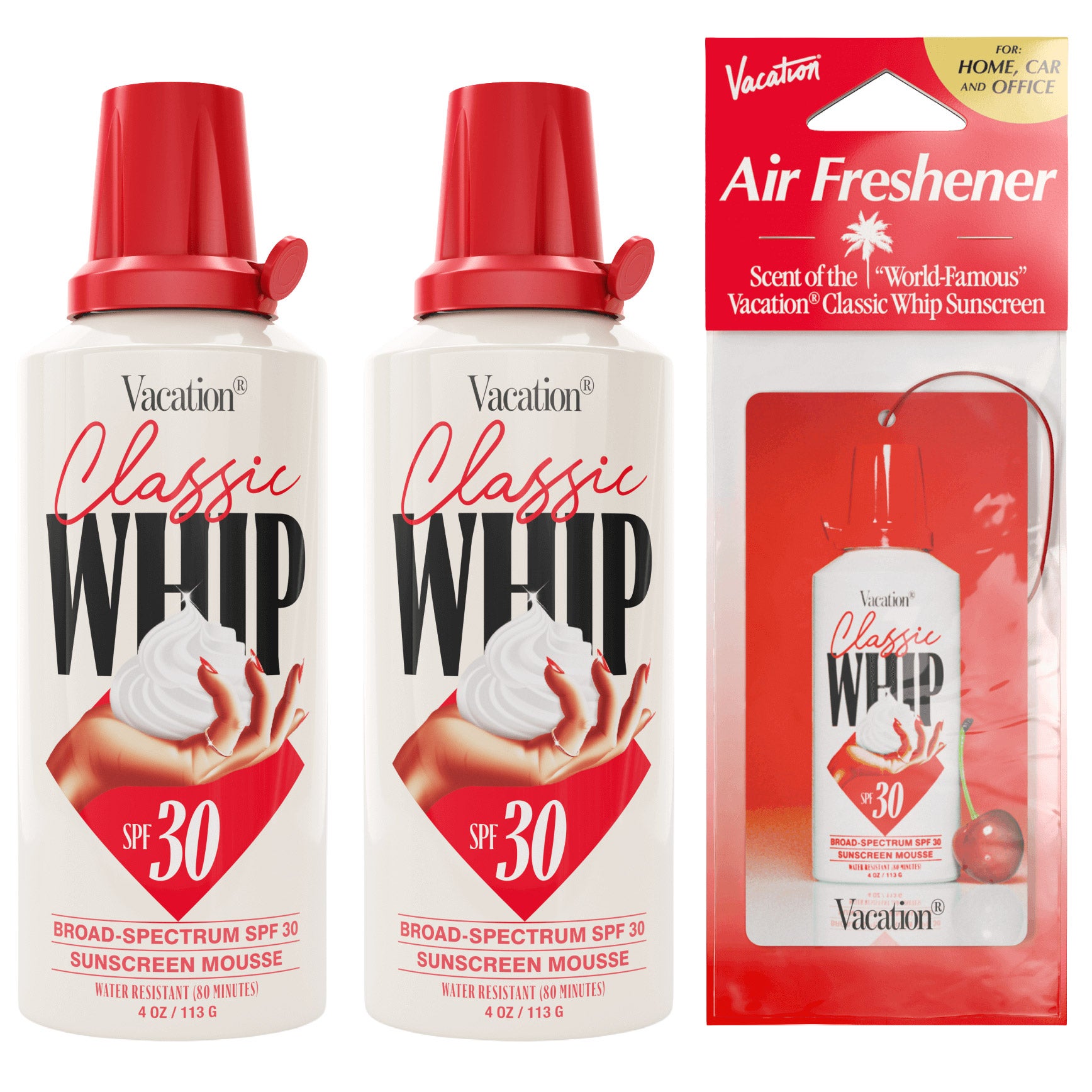 Vacation Classic Whip Sunscreen Mousse, SPF 30, 4 oz, 2-pack and Air Freshener Bundle