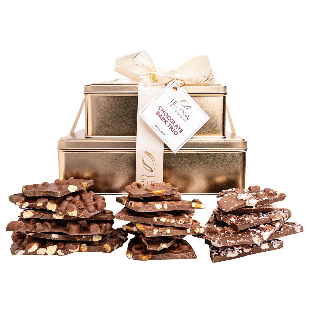 Jelina Chocolatier Handcrafted Chocolate Bark Trio Tower, 2.5 lbs Jelina Chocolatier Handcrafted Chocolate Bark Trio Tower, 2.5 lbs