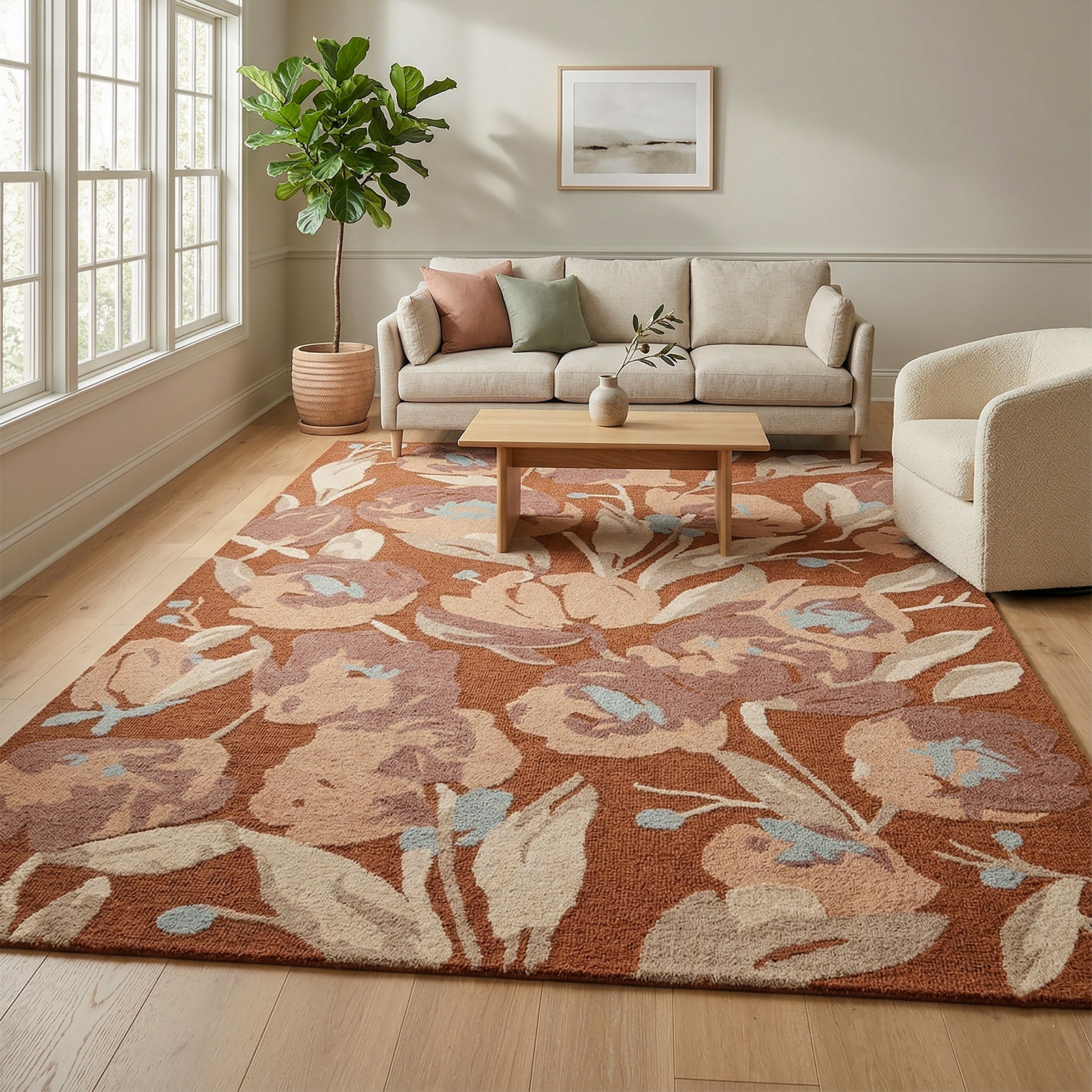 Obeetee Delilah Hand Tufted Wool Area Rug, Bellina Rust, 8'9” x 11