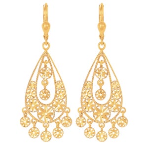 Diamond Cut Teardrop Flower Earrings in Yellow Gold