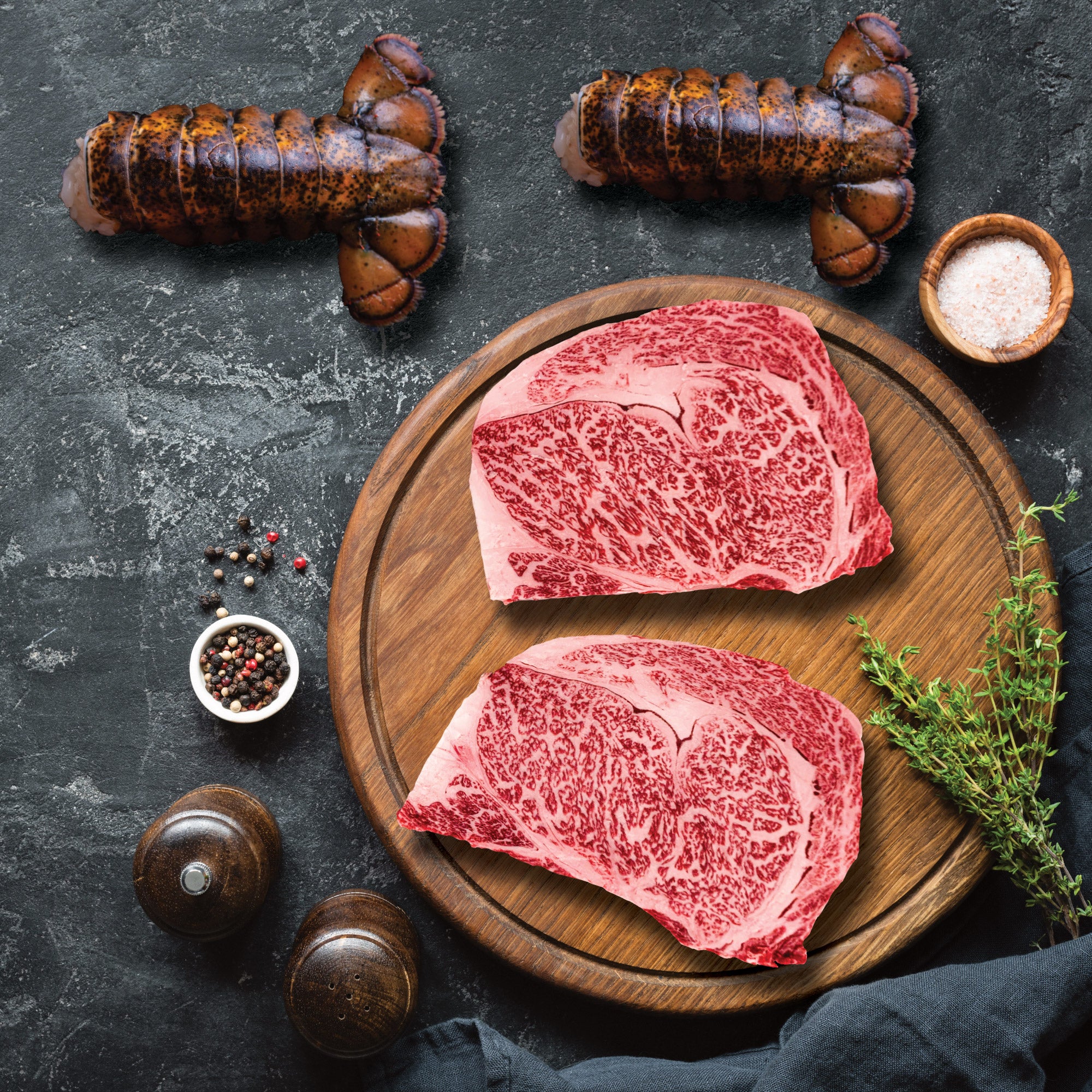 Authentic Wagyu Japanese A5, Surf & Turf Pack, (2/17-20 Oz. Cold Water Lobster Tails with (2/14 Oz.Per Steak) Japanese A5 Wagyu Ribeye Steaks