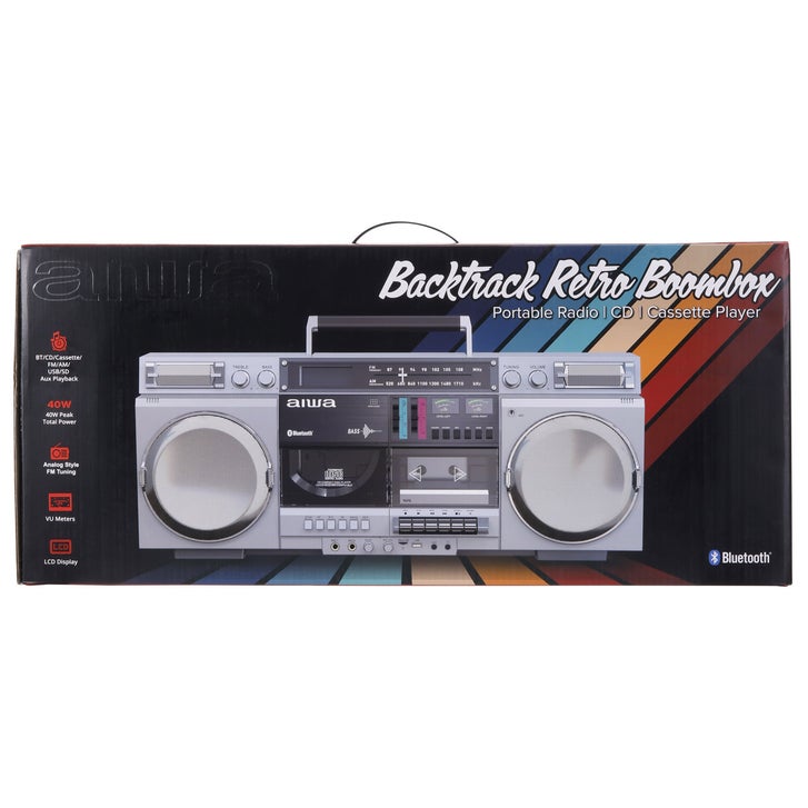 Aiwa Backtrack Retro Boombox with Bluetooth, Silver | Costco