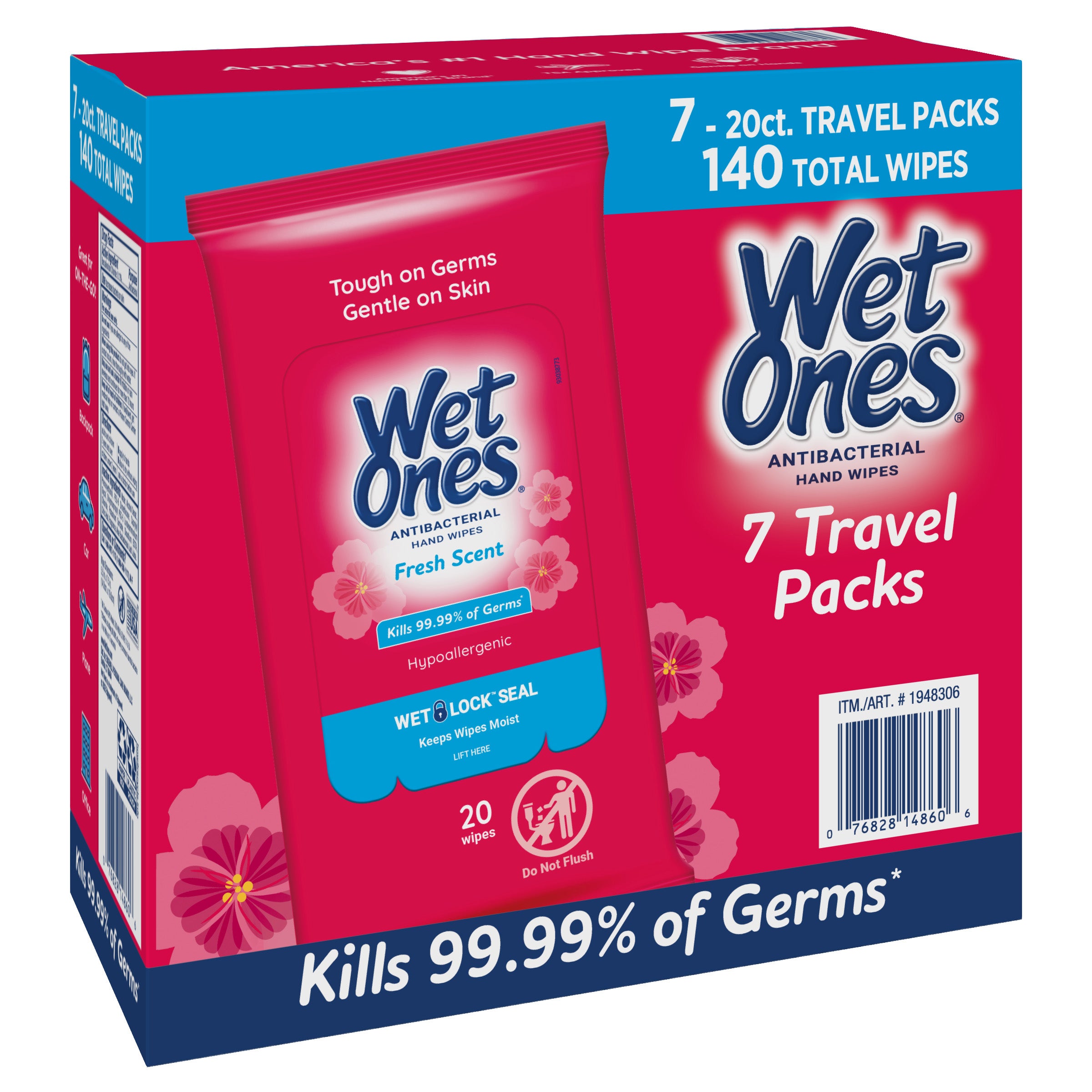 Wet Ones Antibacterial Hand Wipes, Fresh Scent, Travel Packs, 140