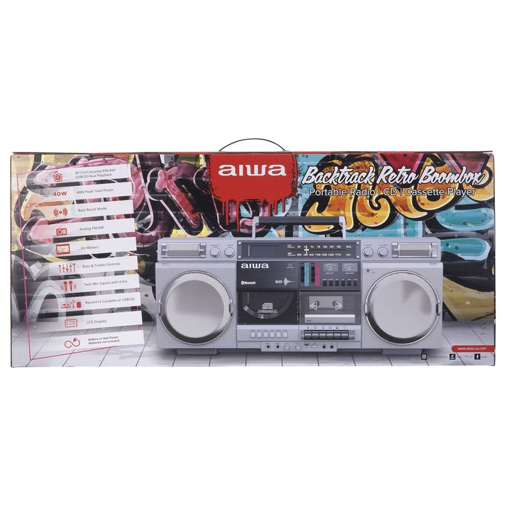 Aiwa Backtrack Retro Boombox with Bluetooth, Silver | Costco