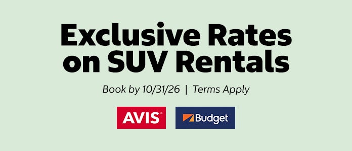 exclusive rates on suv rentals. book by 10/31/26. terms apply. avis budget