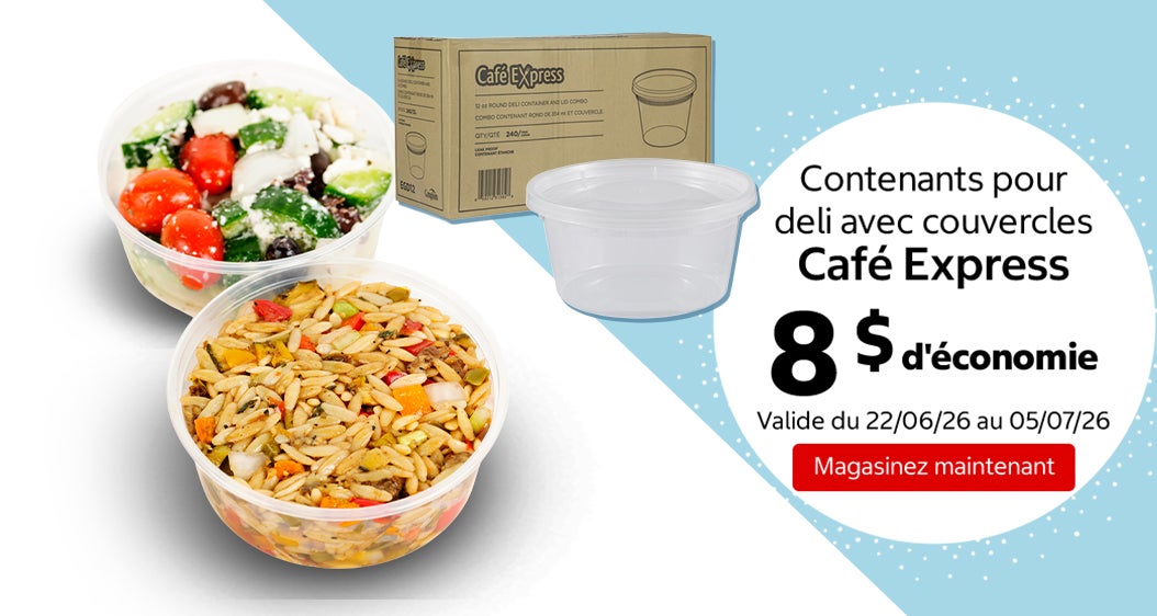 Contenants pour deli avec couvercles Café Express 8 $ d'économie. Valide du 22/06/26 au 05/07/26. Magasinez maintenant
