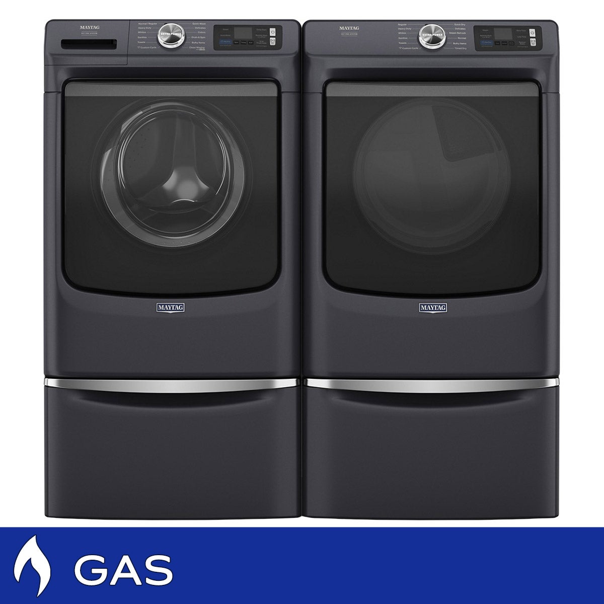 Maytag Smart Pet Pro 5.0 cu. ft. Front Load Washer and 7.4 cu. ft. GAS Dryer with Storage Pedestals