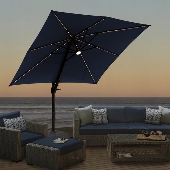 hampton bay 10 solar led patio umbrella Garvee 10' Lights Offset Umbrella, Cantilever with Easy Lift & Tilt Adjustment, 8 Ribs Sun Umbrella UV Protection, Navy Blue Counterweight base not included. 10 ft. 3 Tier Outdoor