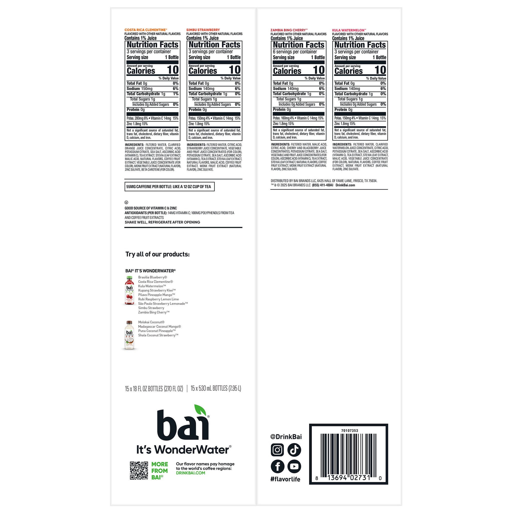 Bai Antioxidant Beverage, Fruit Variety Pack, 18 fl oz, 15-count