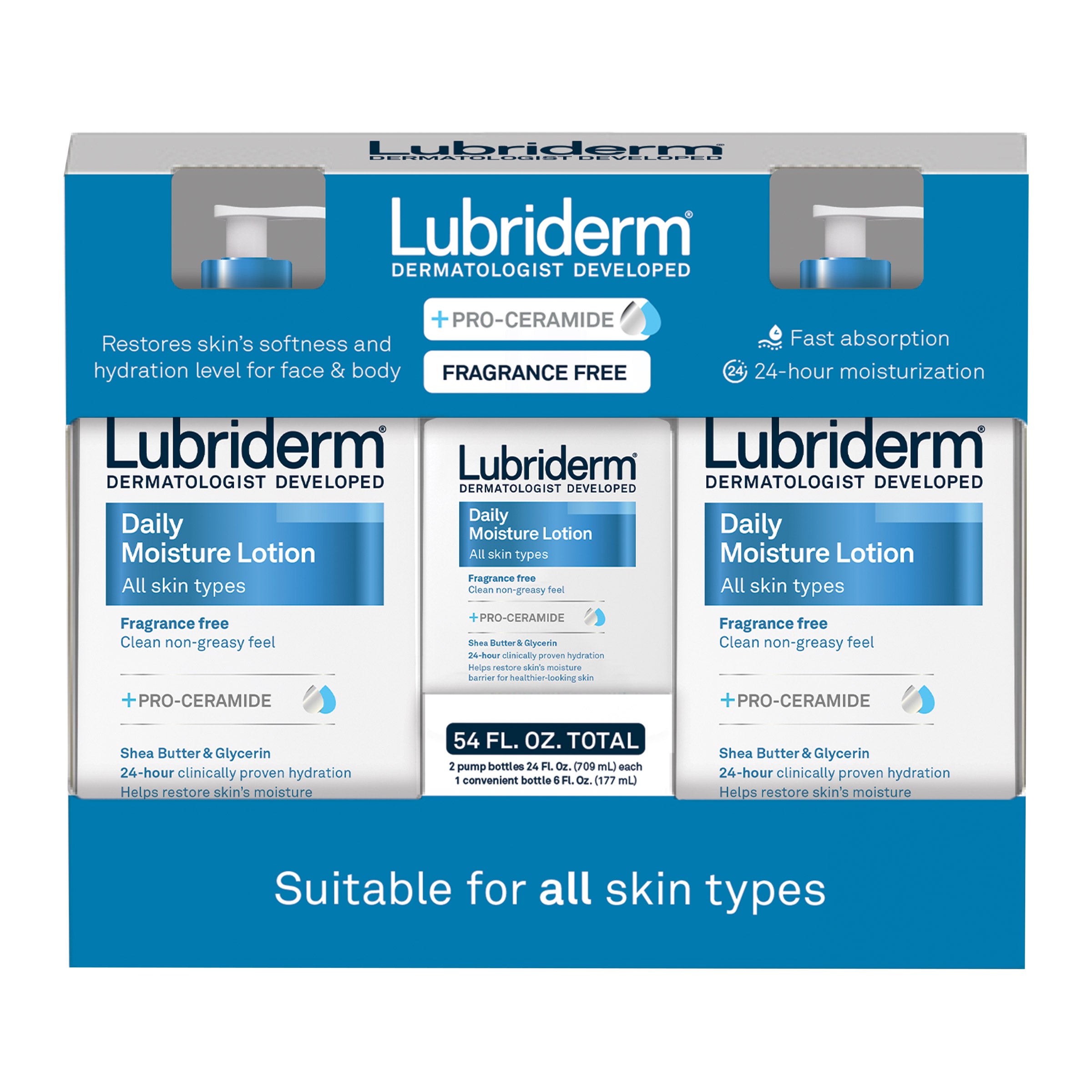 Lubriderm Daily Moisture Lotion, Fragrance Free 24 fl oz, 2-count + 6 fl