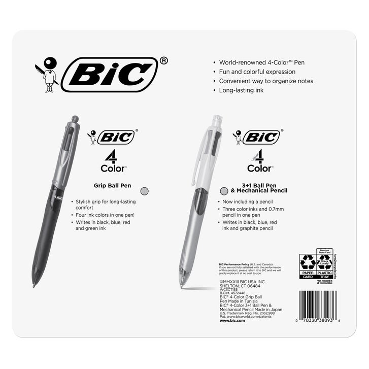 BIC Grip 4 Color Ball Pens with 3 Color + Pencil Set, 10-count