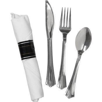 Reflections Pre-Rolled Plastic Fork, Knife, Spoon, Napkin Cutlery Kit, Silver, 30 ct