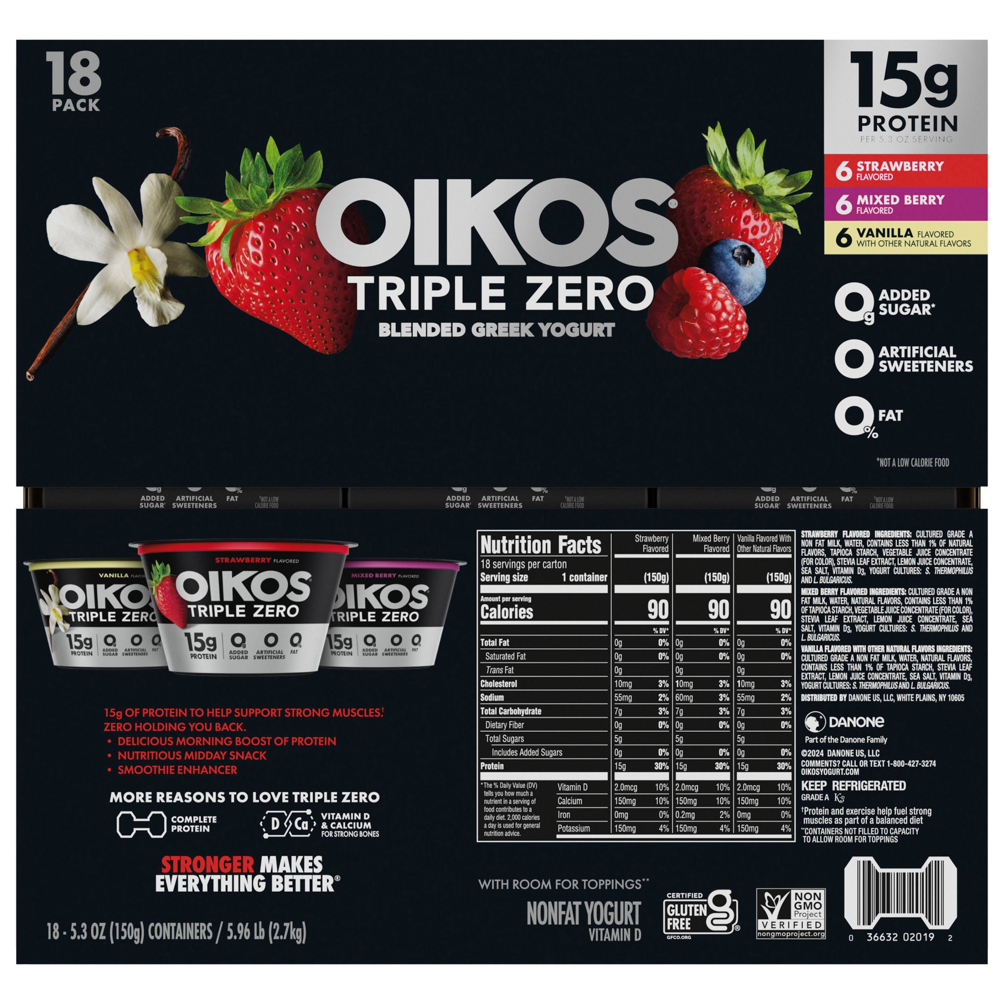 Oikos Triple Zero Greek Nonfat Yogurt, Variety Pack, 5.3 oz, 18