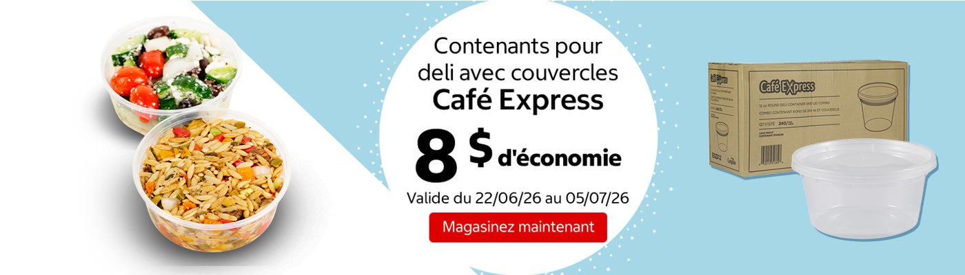 Contenants pour deli avec couvercles Café Express 8 $ d'économie. Valide du 22/06/26 au 05/07/26. Magasinez maintenant