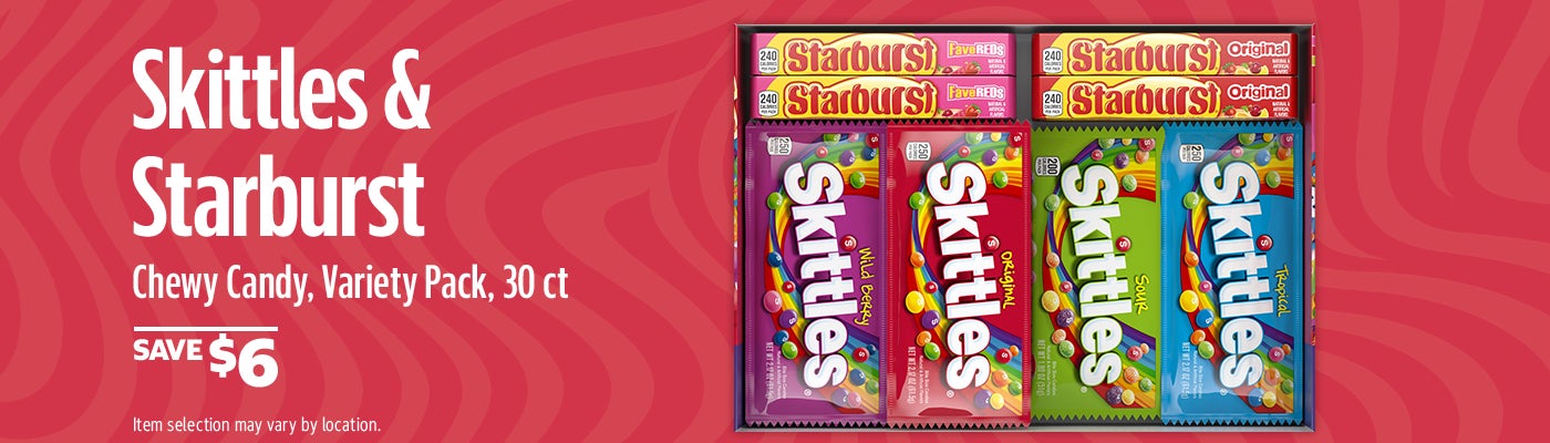 SAVE $6 on Skittles and Starburst Chewy Candy, Variety Pack, 30 ct