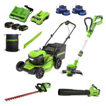 Greenworks 24V Mower, Blower, Trimmer and Hedge Trimmer Combo + (3